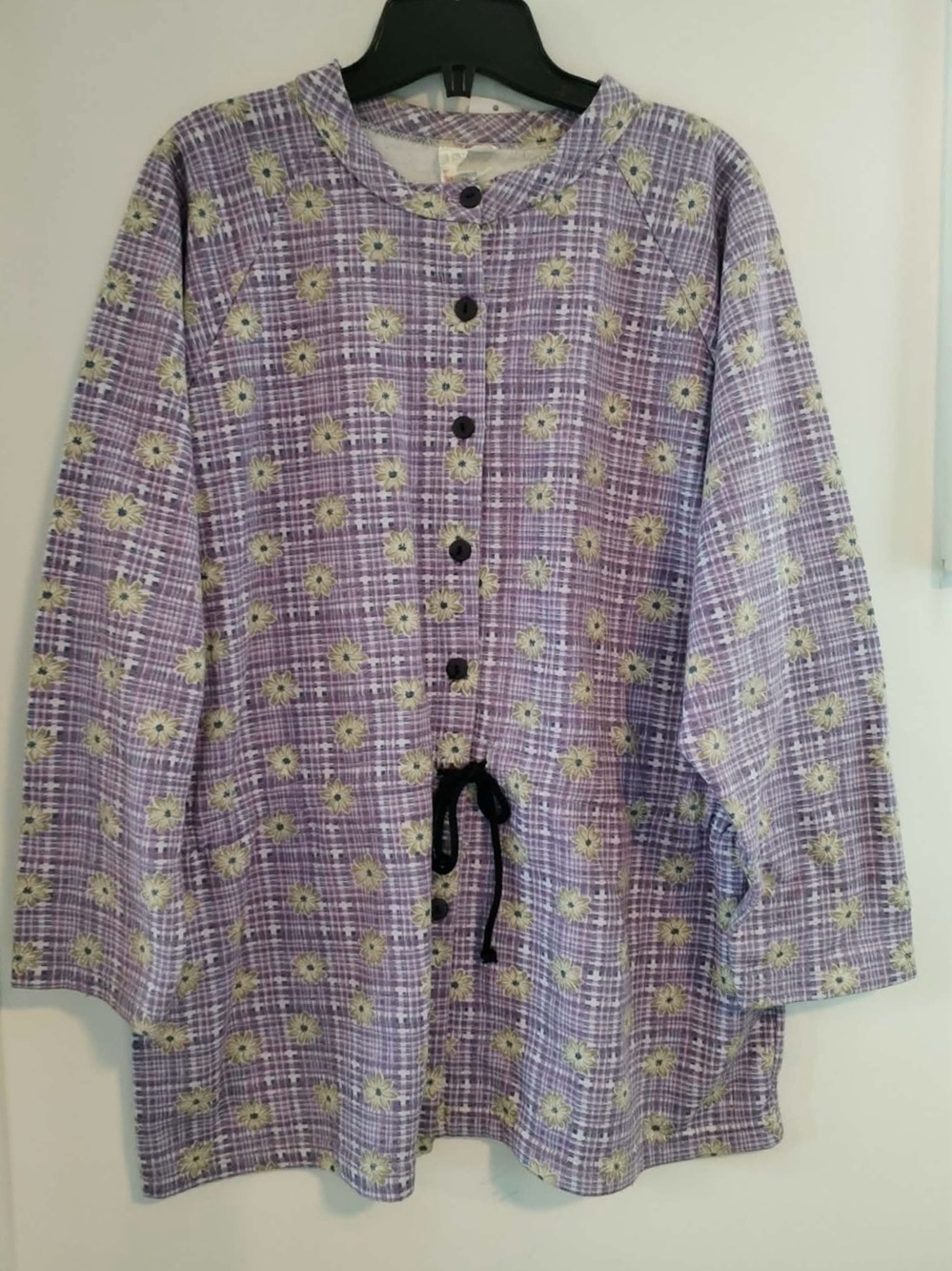 Women's vintage Purple Floral Plaid Drawstring Sweater Jacket Size XL